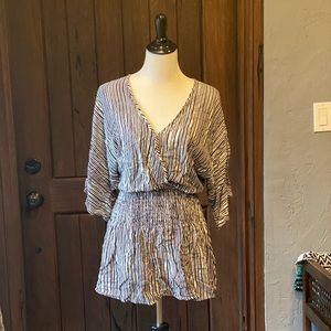 Olivaceous black and white striped dress with elastic waistband with big sleeves